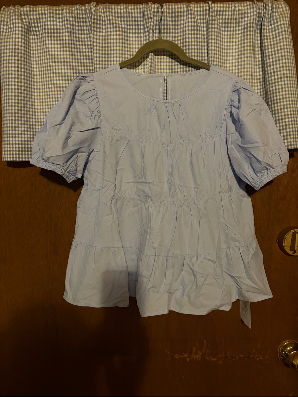 Light Blue Puff Sleeve Peplum Blouse
